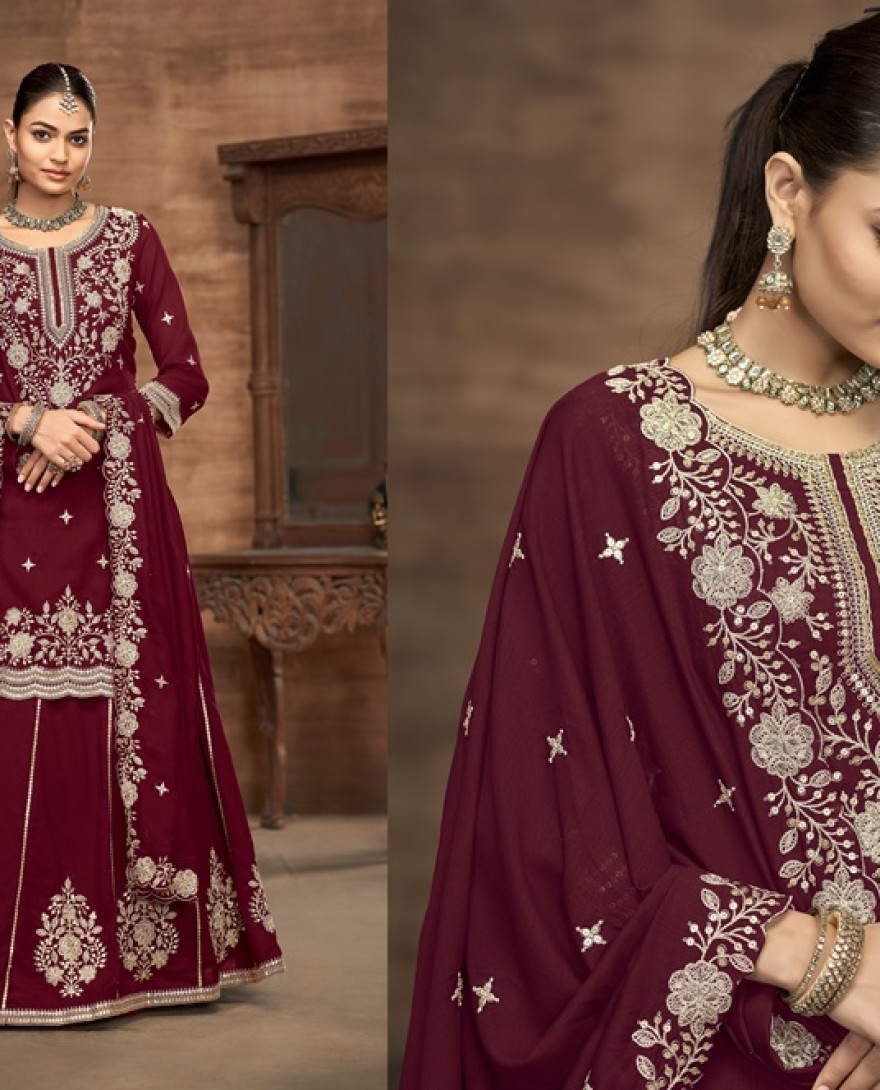 226-Maroon - Maroon Embroidered Traditional Sharara Style Suit.